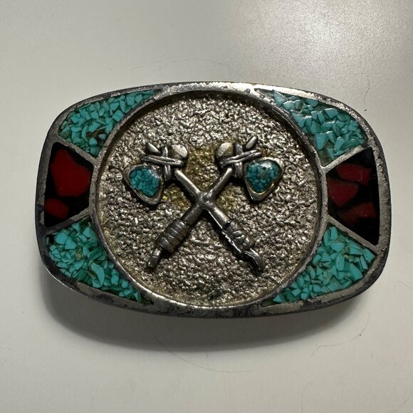 Vintage Southwestern Silver Tone Tomahawk Inlay Blue and Red Stone 3 x 2” buckle - Picture 1 of 4